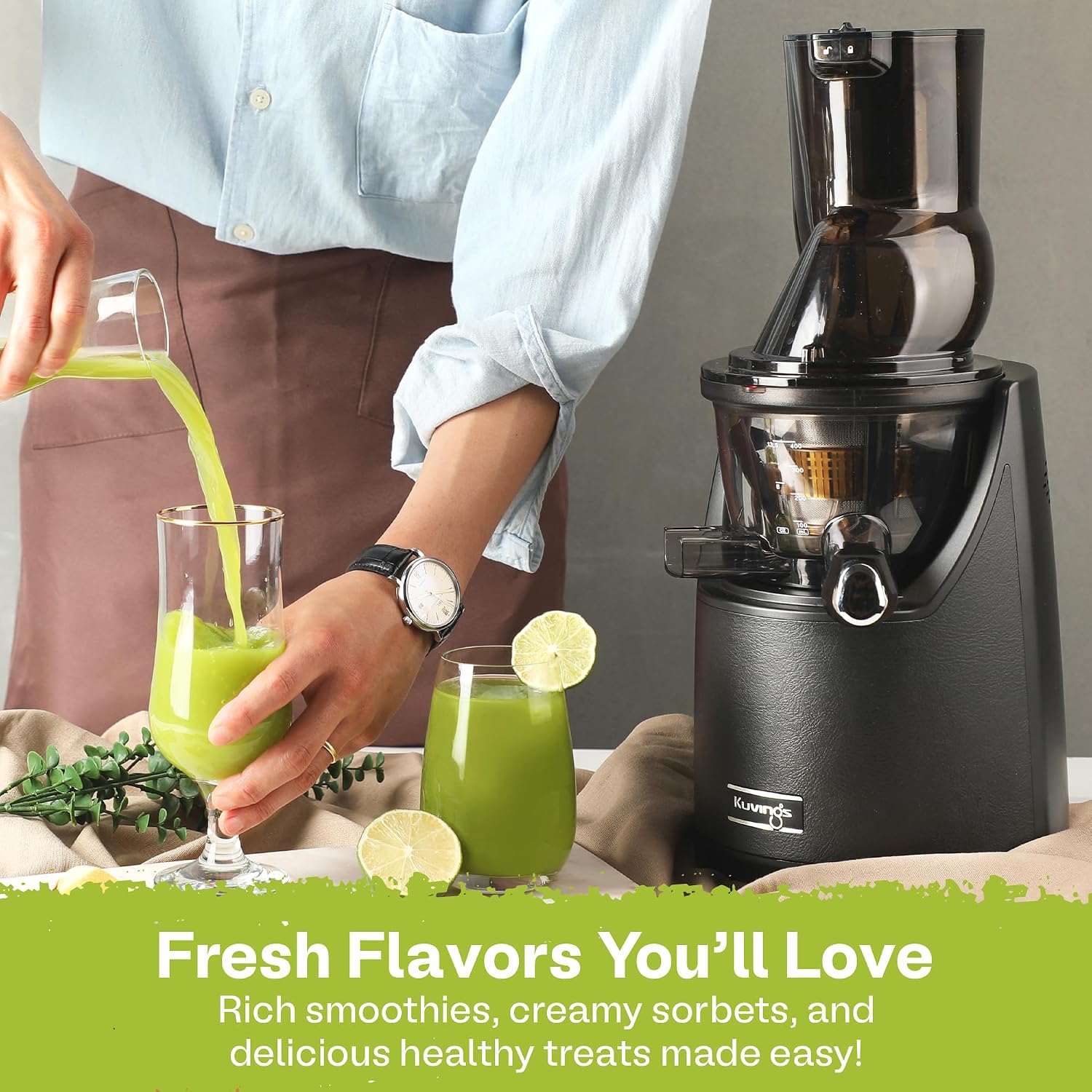 Kuvings EVO820GMS Whole Slow Juicer - Cold Press Juicer with a 5th Gen O-shaped Flip Gate and a 3.2 inch (82 mm) Food Chute - Juice, Smoothie, Ice Cream and Sorbet Maker - Leather Finish - Gun Metal
