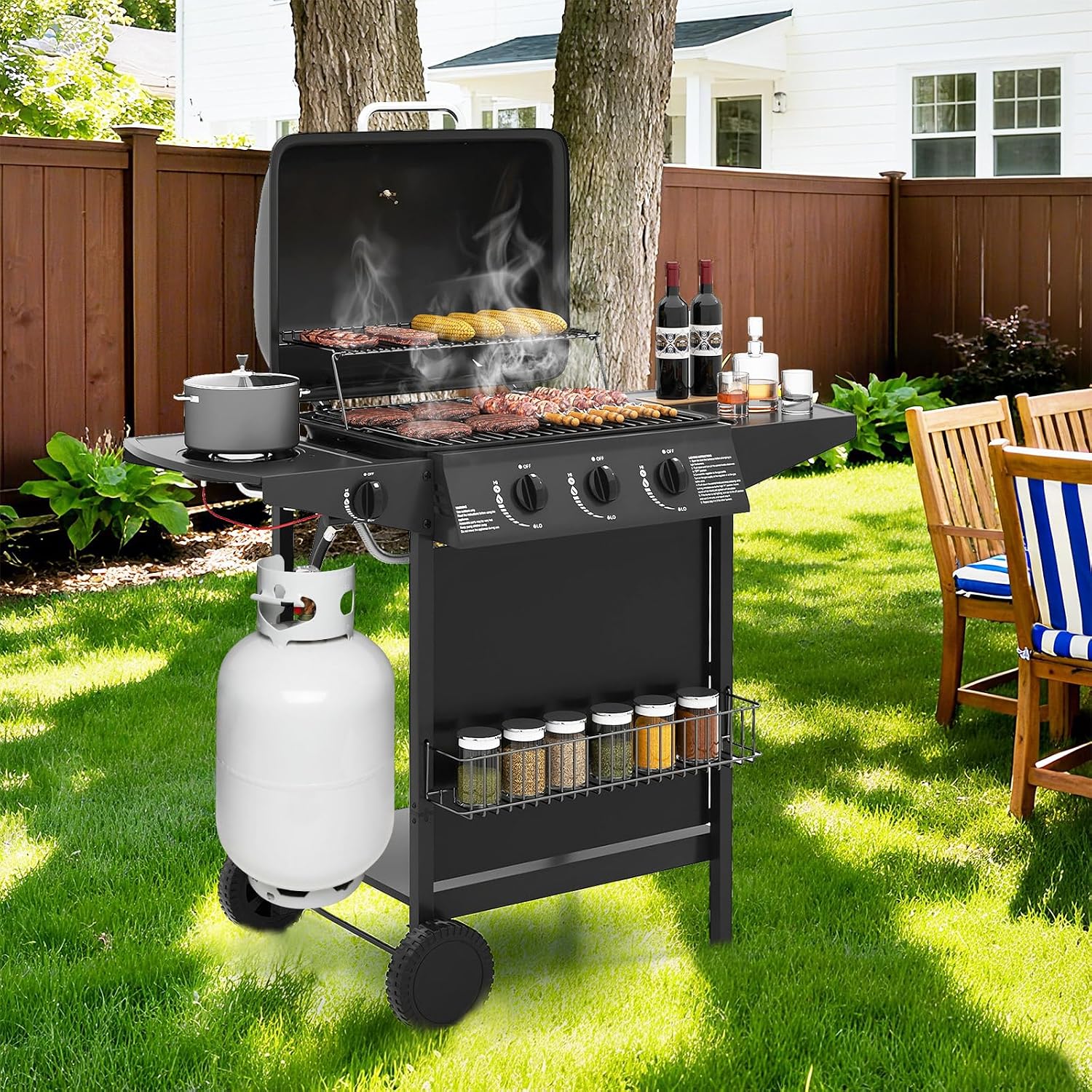 Happygrill 3 + 1 Burner Propane Gas Grill, 39,000 BTU Outdoor Cooking Grill w/Storage Shelves & Porcelain-Enameled Grates, Portable BBQ Grills on Wheels w/Thermometer for Backyard, Camping & Picnic