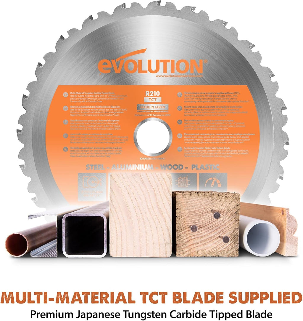 Evolution R8MTS 8-1/4' Convertible Miter/Table Saw - Multi-Function Saw - 0-45° Bevel & +/- 45° Miter - Multi-Material Cutting: Wood, Plastic, Metal - Compact, Powerful 12A Motor - TCT Blade Incl