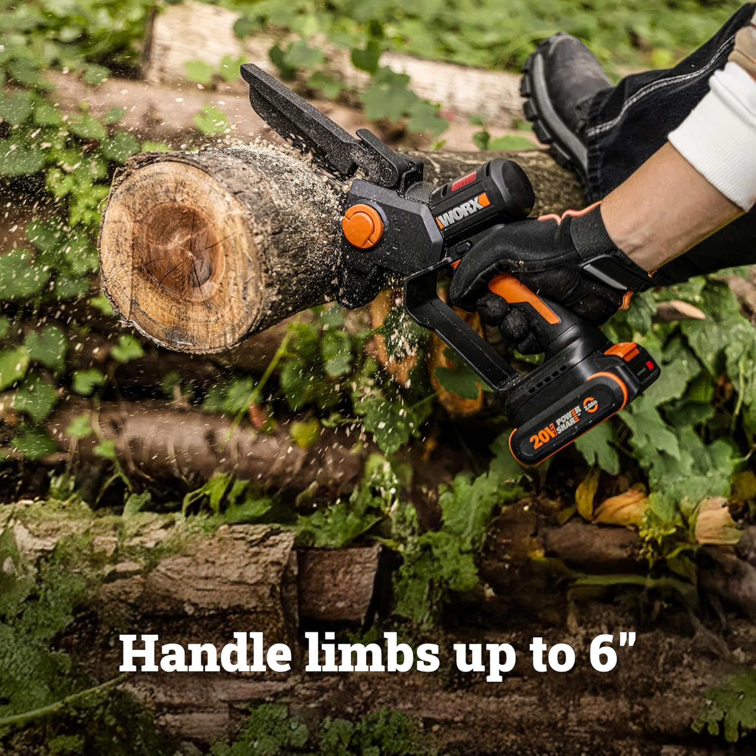 WORX Mini Chainsaw, 20V 6'' Pruning Saw with Brushless Motor, 33 ft/s Chain Speed, Only 3.49 lbs, Includes 20V 2.0 Ah Battery and Charger, PowerShare