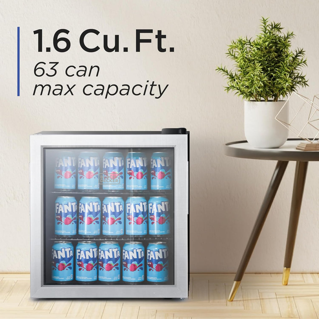 BLACK+DECKER 1.7 Cu. Ft. Beverage Cooler, Beverage Fridge with Double Pane Glass Door, Drink Fridge and Beverage Refrigerator with 63-Can Capacity for Home Bar, Home Office and More