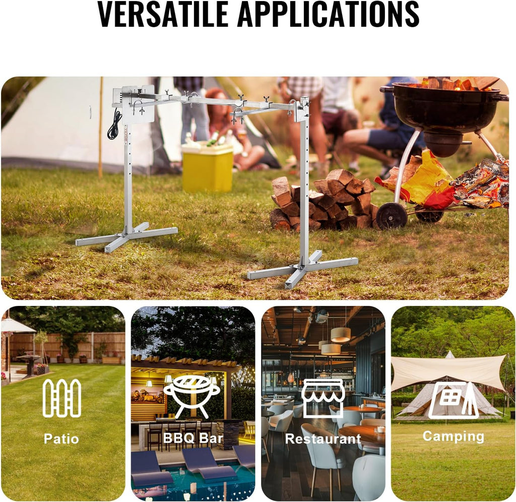 VEVOR Electric BBQ Rotisserie Grill Kit, 50 Inch 132 lbs Capacity, Automatic 52W Motor Height Adjustable Universal Roaster Stand, Stainless Steel Grilling Kit, Spit Rod with Heat Shield for Pig Lamb