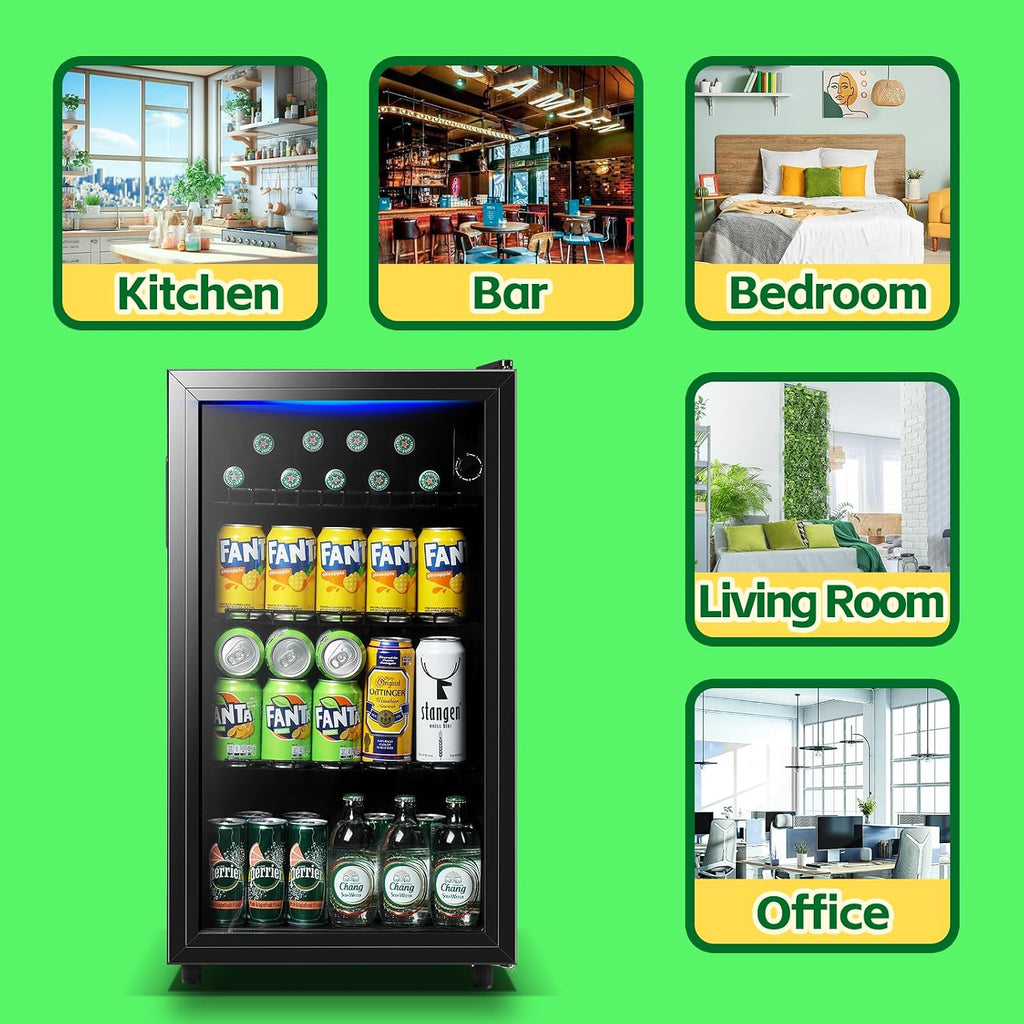 WANAI Beverage Refrigerator Cooler 3.5 Cu.Ft, 120 Can Mini Small Fridge with Glass Door LED Light and Adjustable Shelves for Soda Beer or Wine, Perfect for Home Bar Office, Black