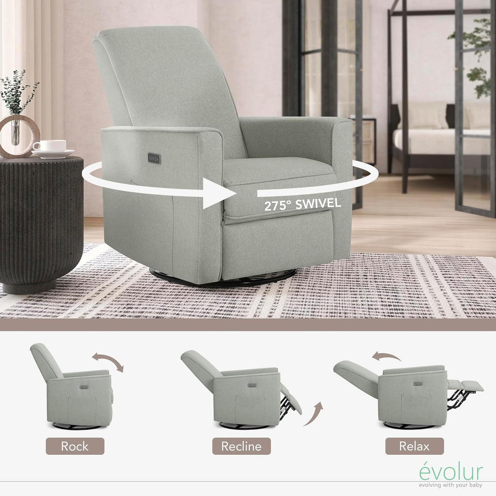 évolur Harlow Upholstered Power Glider Recliner with USB Charging – Rocking & 275° Swivel with Smooth Glide – Greenguard Gold & FSC Certified – Modern Nursery and Living Room Chair in Light Grey
