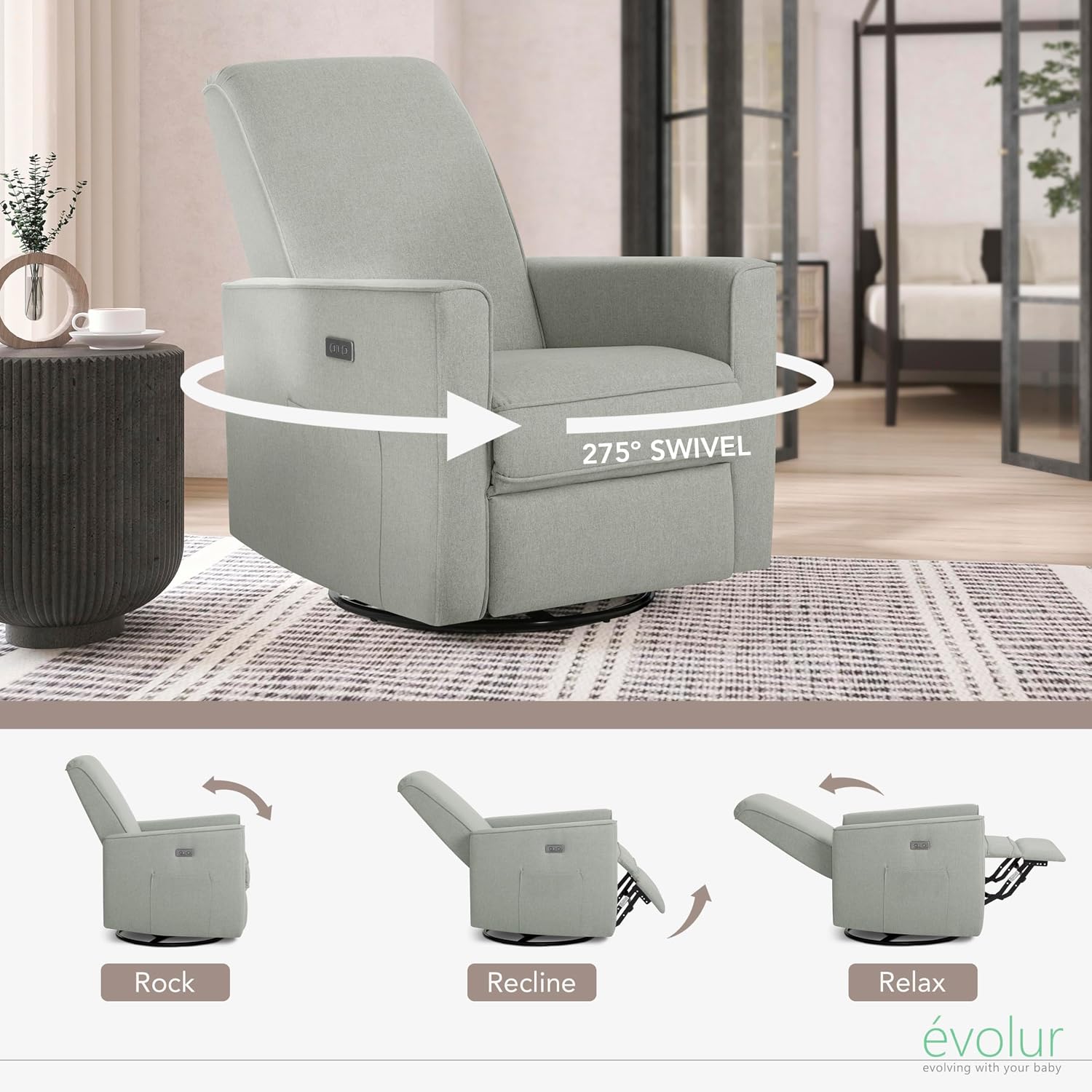 évolur Harlow Upholstered Power Glider Recliner with USB Charging – Rocking & 275° Swivel with Smooth Glide – Greenguard Gold & FSC Certified – Modern Nursery and Living Room Chair in Light Grey