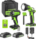 Greenworks 24V Cordless Impact Driver & 2-in-1 Work Light Kit with 2x 2Ah Batteries & Charger – Brushless, Lightweight for DIY, Home Repairs & Outdoor Use