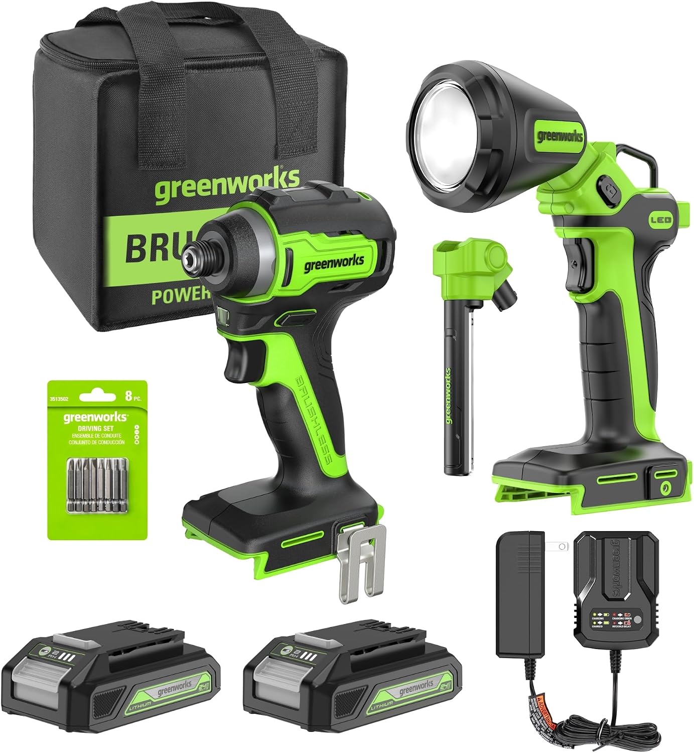 Greenworks 24V Cordless Impact Driver & 2-in-1 Work Light Kit with 2x 2Ah Batteries & Charger – Brushless, Lightweight for DIY, Home Repairs & Outdoor Use