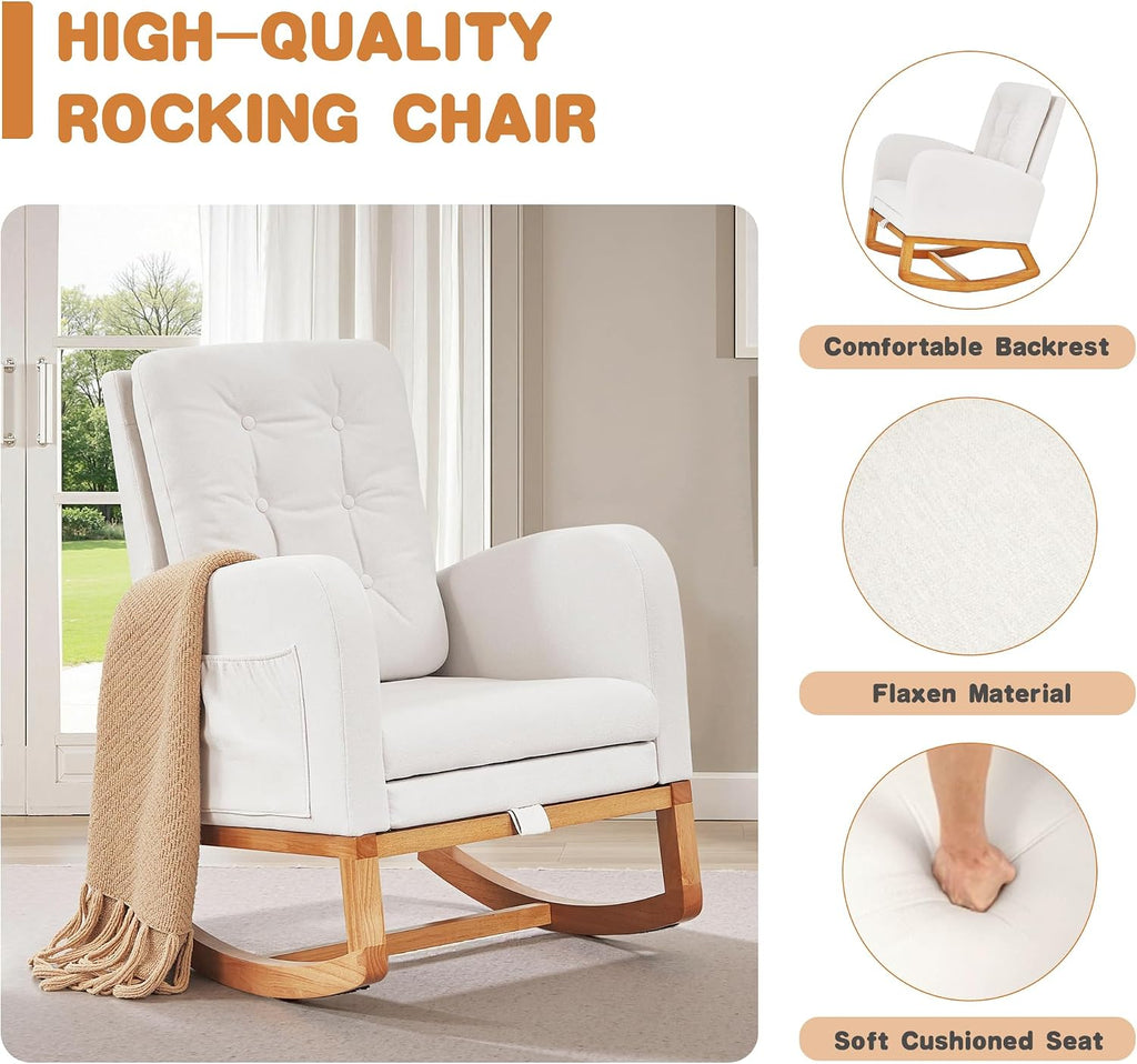 VECELO Rocking Chair Nursery, Modern Sherpa Glider Rocker Accent Arm Chair with High Back and Side Pocket, Cozy Rocking Armchair for LivingRoom, Bedroom, White