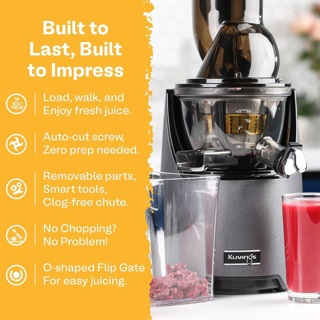 Kuvings EVO820GMS Whole Slow Juicer - Cold Press Juicer with a 5th Gen O-shaped Flip Gate and a 3.2 inch (82 mm) Food Chute - Juice, Smoothie, Ice Cream and Sorbet Maker - Leather Finish - Gun Metal