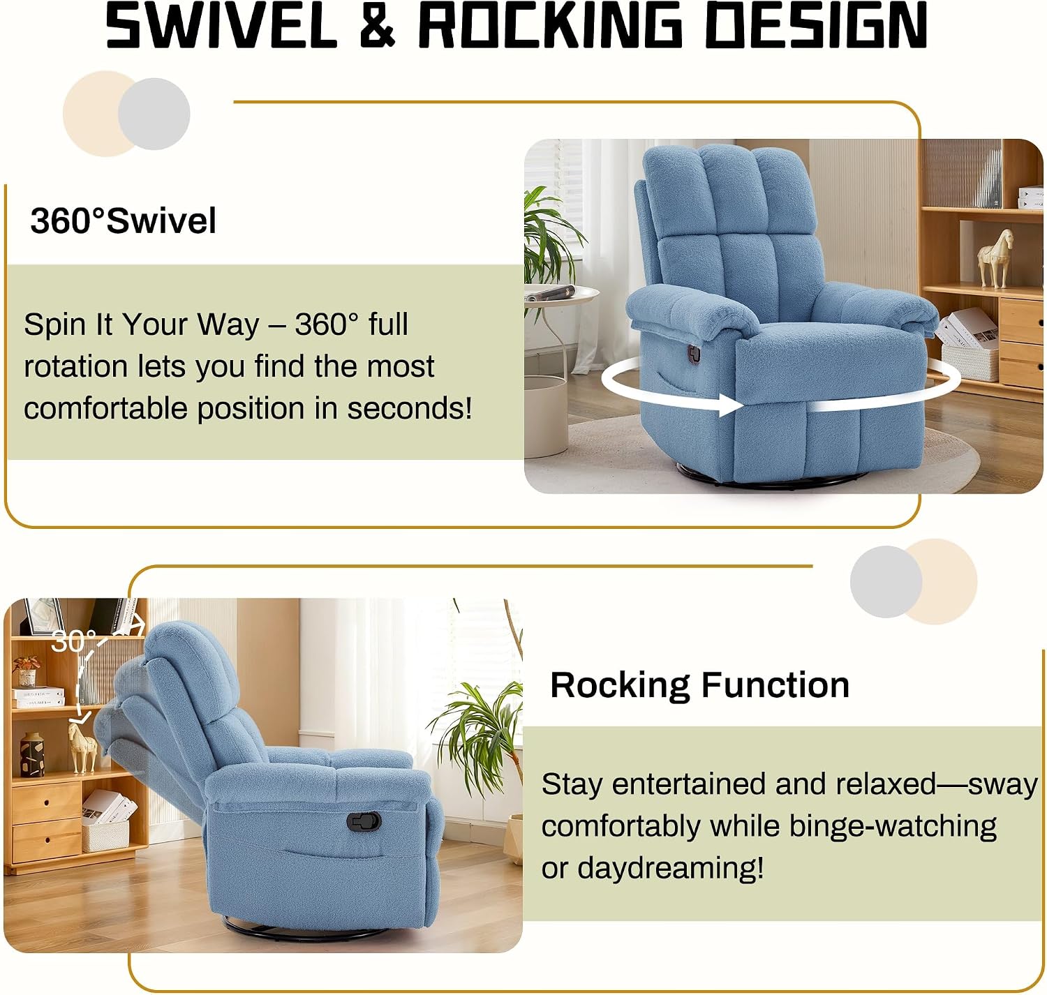 Korser Recliner Chair, Swivel Rocker Recliner Chair for Adults, Small Recliners for Small Spaces, Manual Recliner with Side Pockets, Upholstered Nursery Rocking Chair for Living Room, Sherpa, Blue