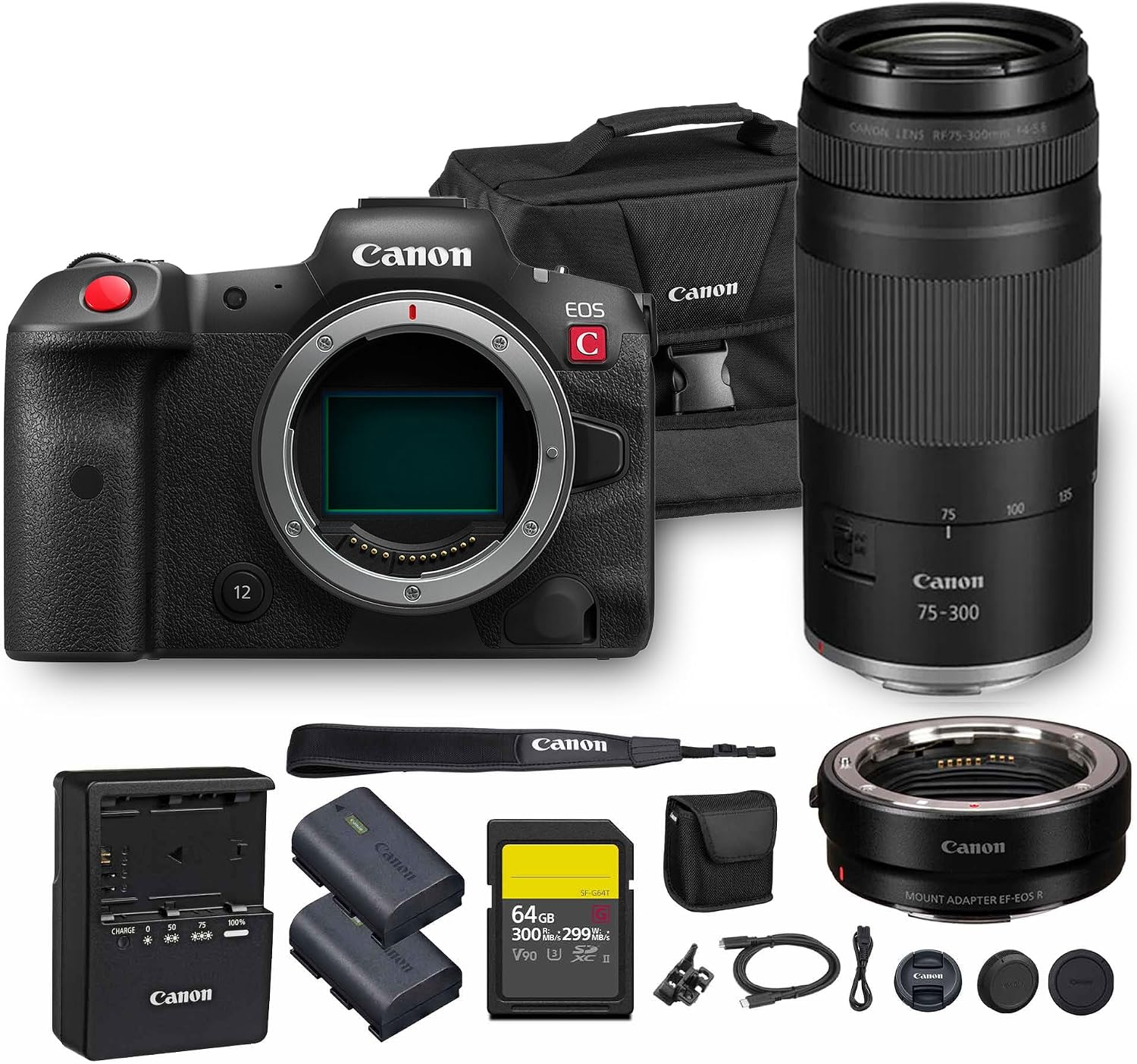 Canon EOS R5 C Mirrorless Cinema Camera 45MP Full Frame 8K RAW Video Dual Pixel AF Hybrid Photography Filmmaking Camera (5077C002) + Canon RF 75-300mm Lens + Adapter EF-EOS R + LP-E6P Battery + More