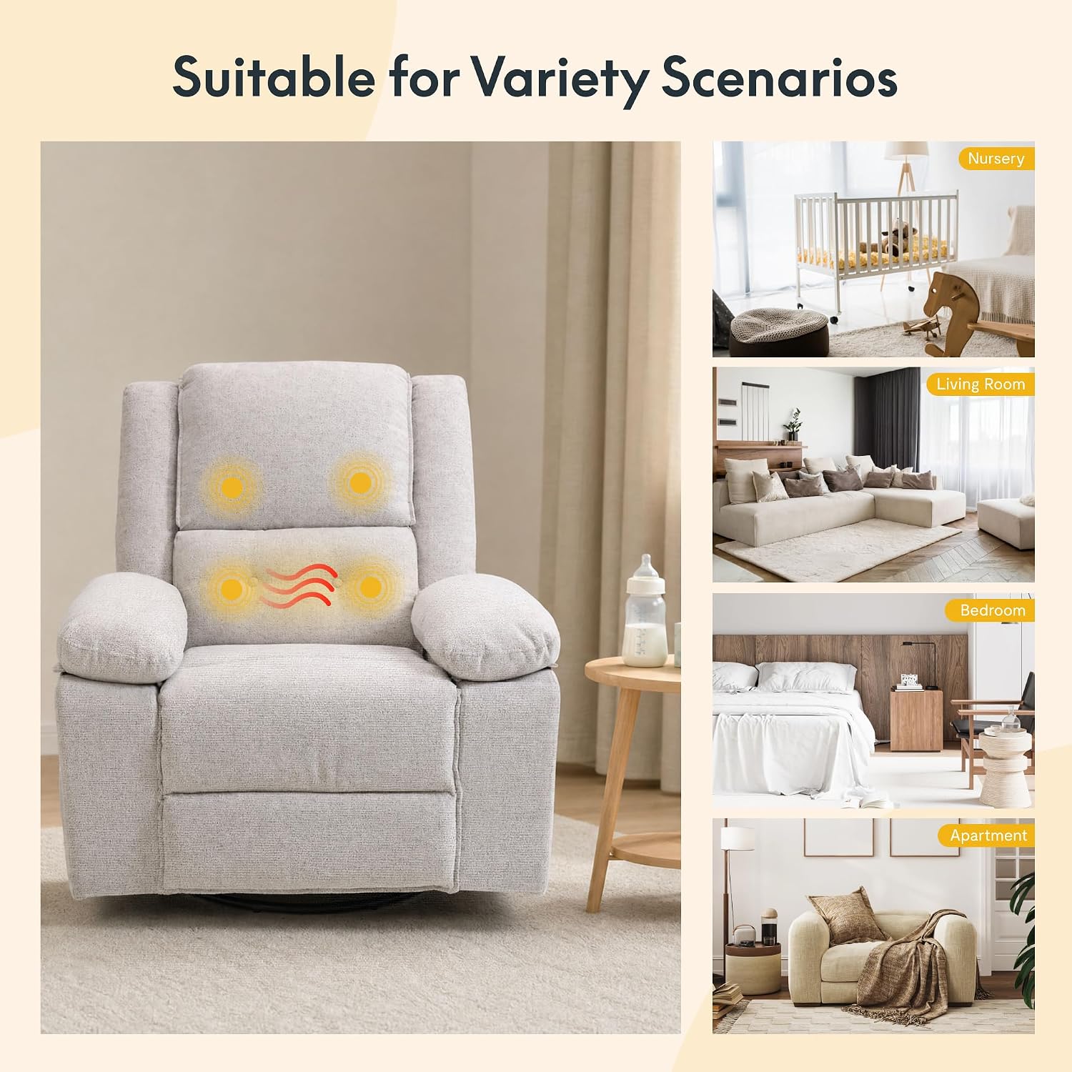 FLEXISPOT Swivel Rocker Recliner Chair for Adults, Massage Recliner Rocking Chair Nursery, 360° Swivel Nursery Glider for Living Room Bedroom, Light Grey(XRC2)