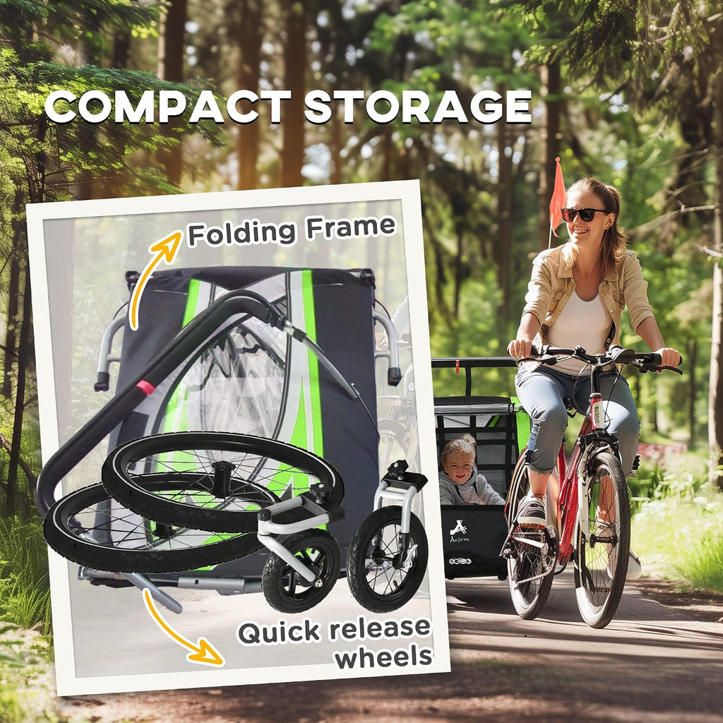 Aosom 3-in-1 Walk/Jog/Ride Child Baby Bike Trailer for Kids 2 Seater, High-Visibility Bike Stroller for Toddler Wagon, Weather-Strong Double Bicycle Trailer Accessory