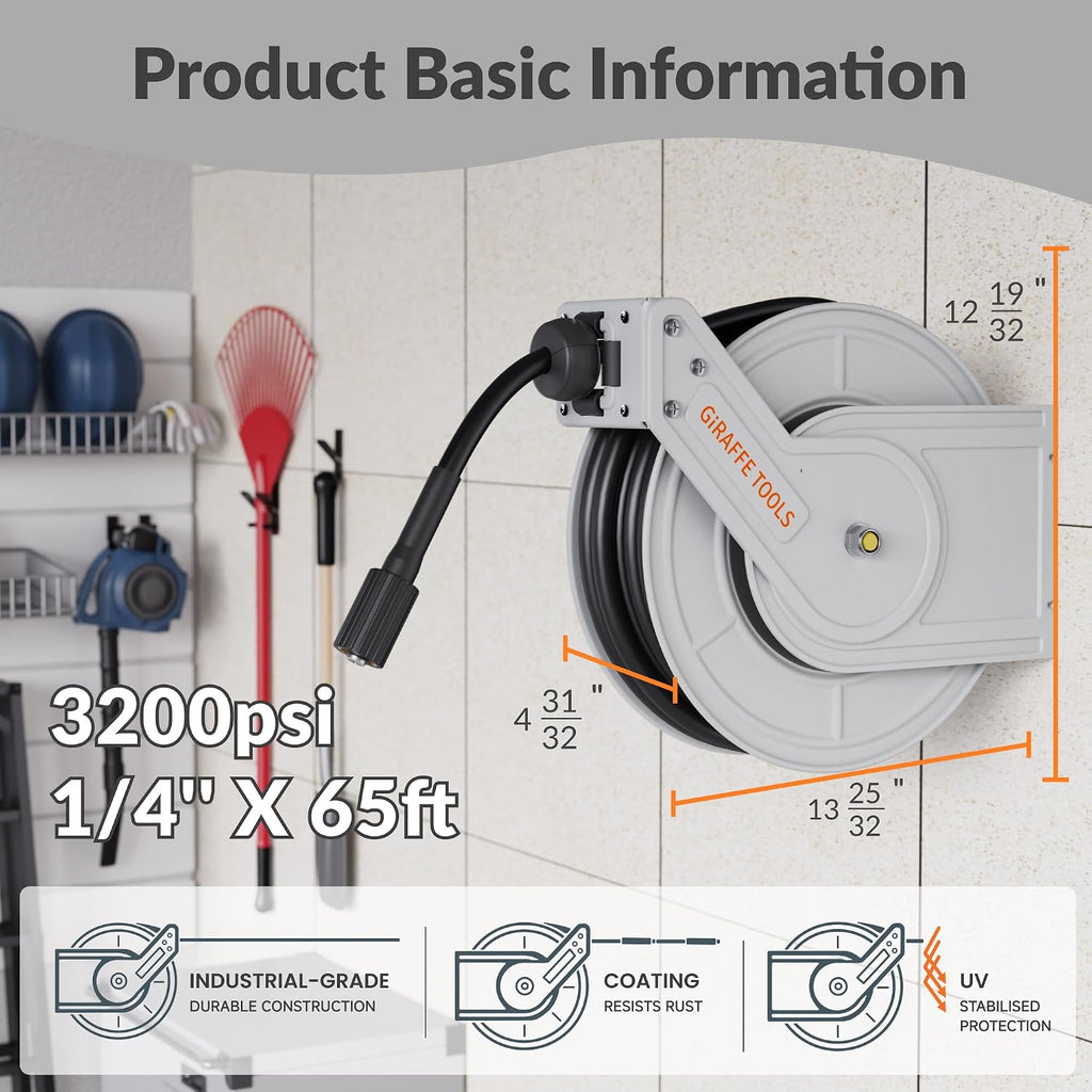 Giraffe Tools Pressure Washer Hose Reel with 65ft Replaceable Hose, Power Washer Retractable Hose Reel, Heavy Duty, Wall/Floor Mounted, 3200 PSI