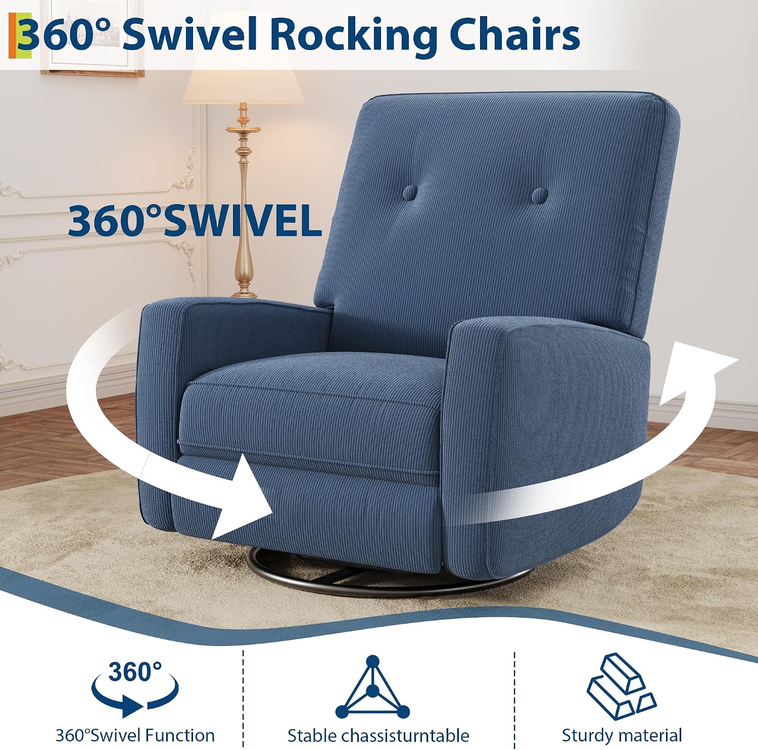 Garvee Nursery Recliner Chair, 360° Swivel Rocking Glider Chair for Adults with Adjustable Backrest & Footrest, Upholstered Armchair for Living Rooms, Bedrooms, Apartments, Blue