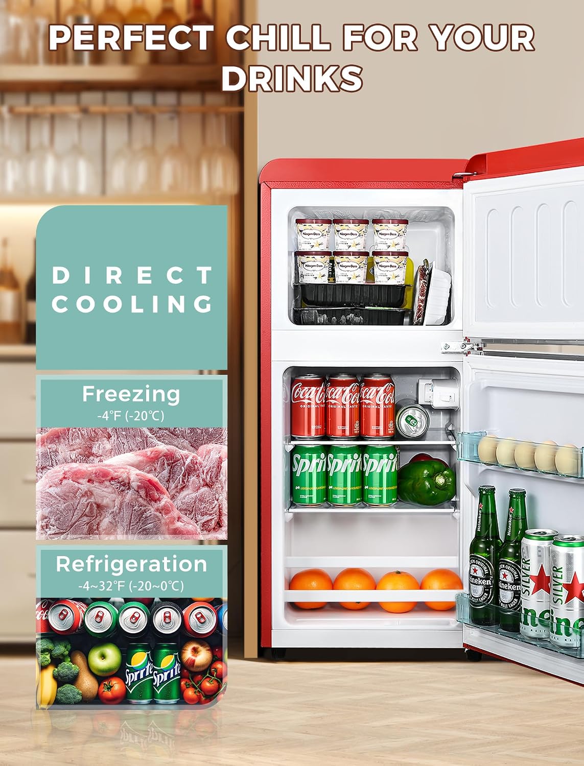 Anypro 3.2 Cu.Ft Refrigerator, Double Door Retro Fridge with Freezer, 7 Adjustable Temperature Settings, Low Noise, Removable Glass Shelves for Dorm, Office, Bedroom, Apartment, Red