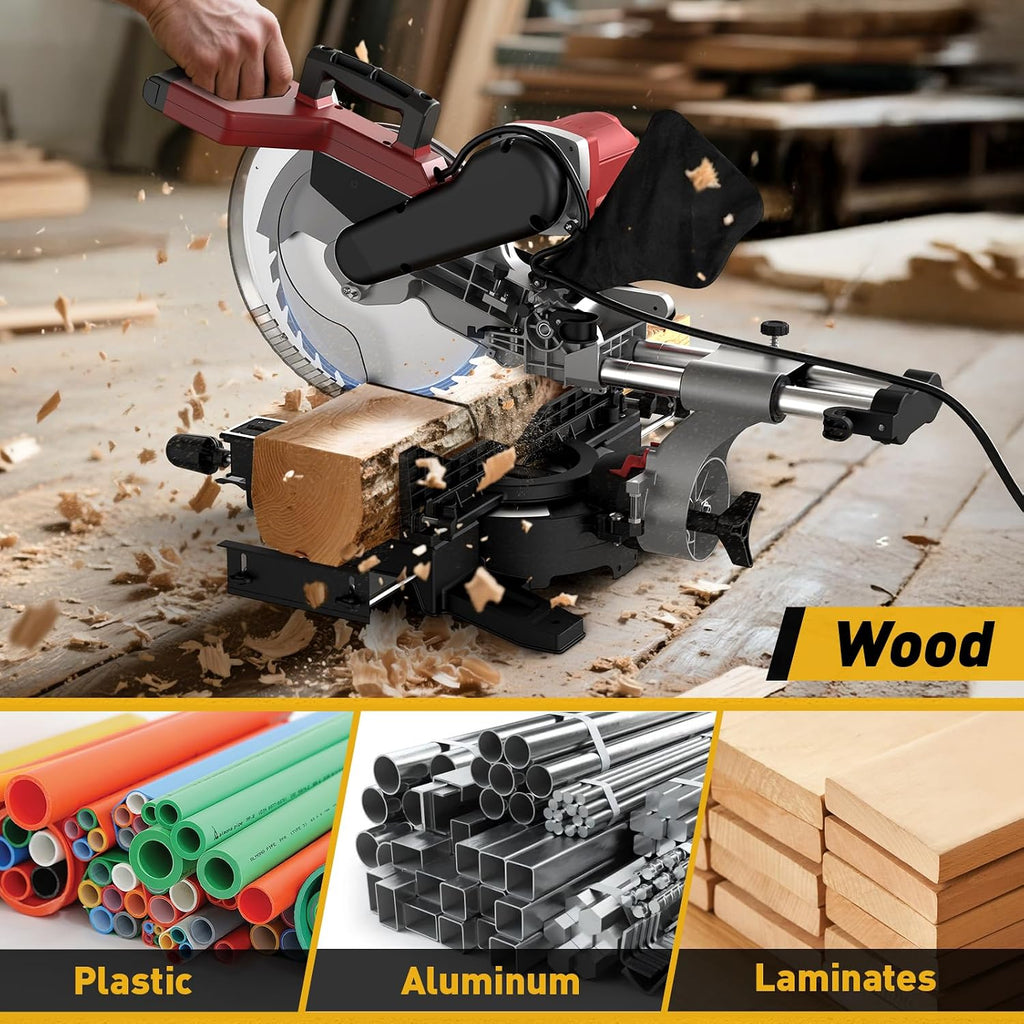 12-Inch Dual-Bevel Sliding Compound Miter Saw, 3800RPM, 15 Amp, Dual Bevel 0-45° with Extension Table, 36T Blade, Power Saw for Metal, Plastic, Wood, Laminates