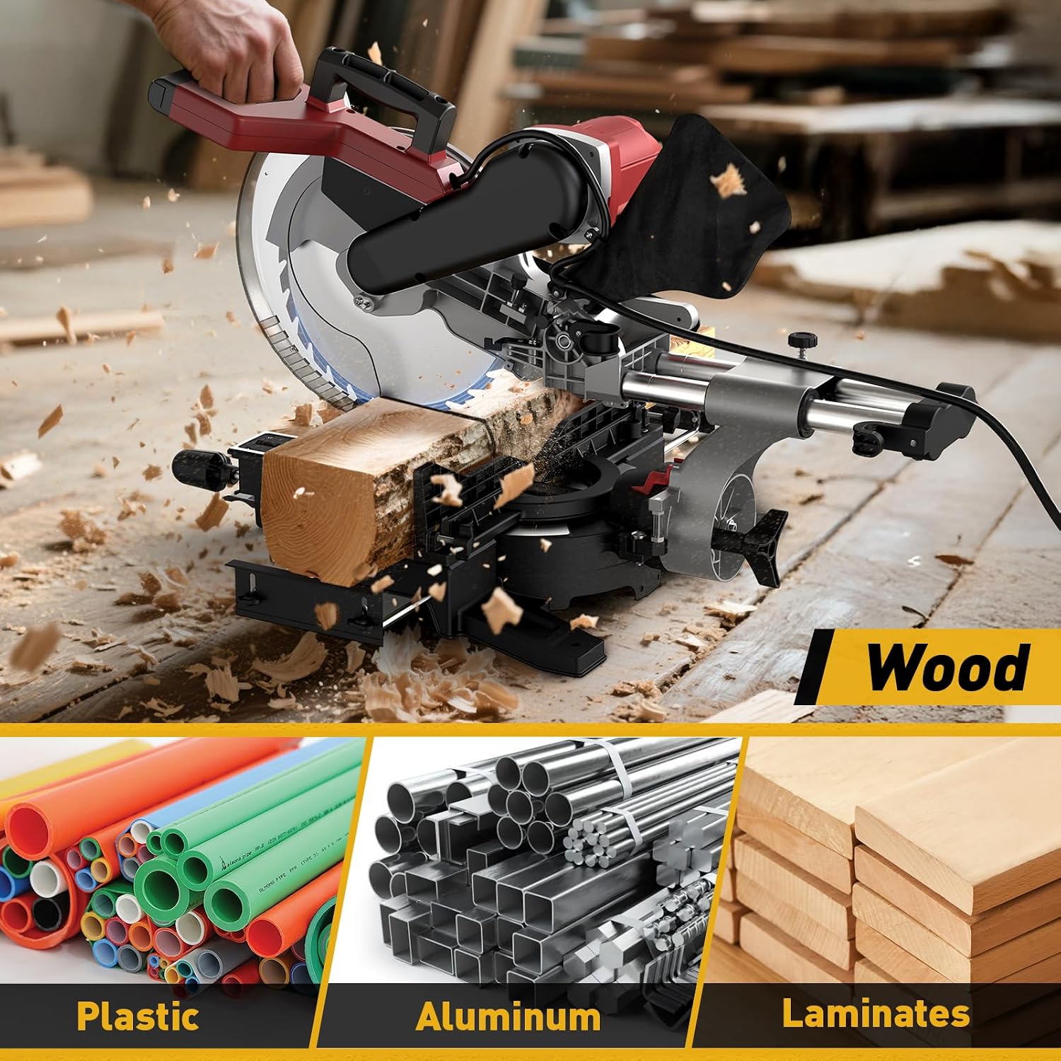 12-Inch Dual-Bevel Sliding Compound Miter Saw, 3800RPM, 15 Amp, Dual Bevel 0-45° with Extension Table, 36T Blade, Power Saw for Metal, Plastic, Wood, Laminates