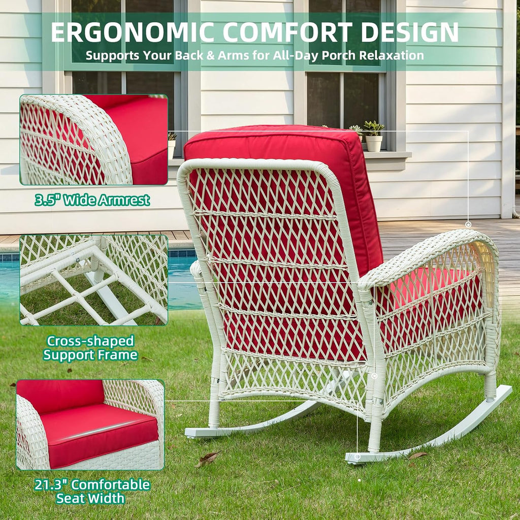 VIVIJASON Outdoor Wicker Rocking Chair, Patio Rattan Rocker Chair with Cushions & Steel Frame, All-Weather Rocking Lawn Furniture for Garden Backyard Porch, Cream White/Red
