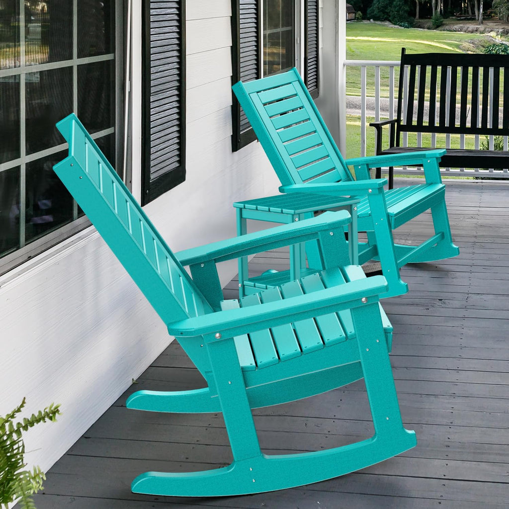 GREENVINES Outdoor Rocking Chairs | Set of 2 | Porch Rocker | HDPE Plastic | Aqua | Oversized Rockers | High Back | Big & Tall | Ladder Back | for Patio Outside Backyard Balcony Garden