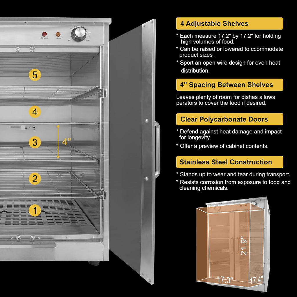 5-Shelf Electric Hot Box Food Warmer, Fits up to (10) 16' Pizza Boxes, Countertop Heated Holding Cabinet for Pretzels, Warming Machine for Home and Commercial Use, w/Water Drawer, 120V 600W