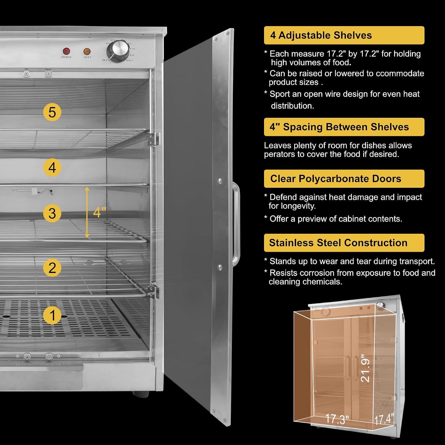 5-Shelf Electric Hot Box Food Warmer, Fits up to (10) 16' Pizza Boxes, Countertop Heated Holding Cabinet for Pretzels, Warming Machine for Home and Commercial Use, w/Water Drawer, 120V 600W
