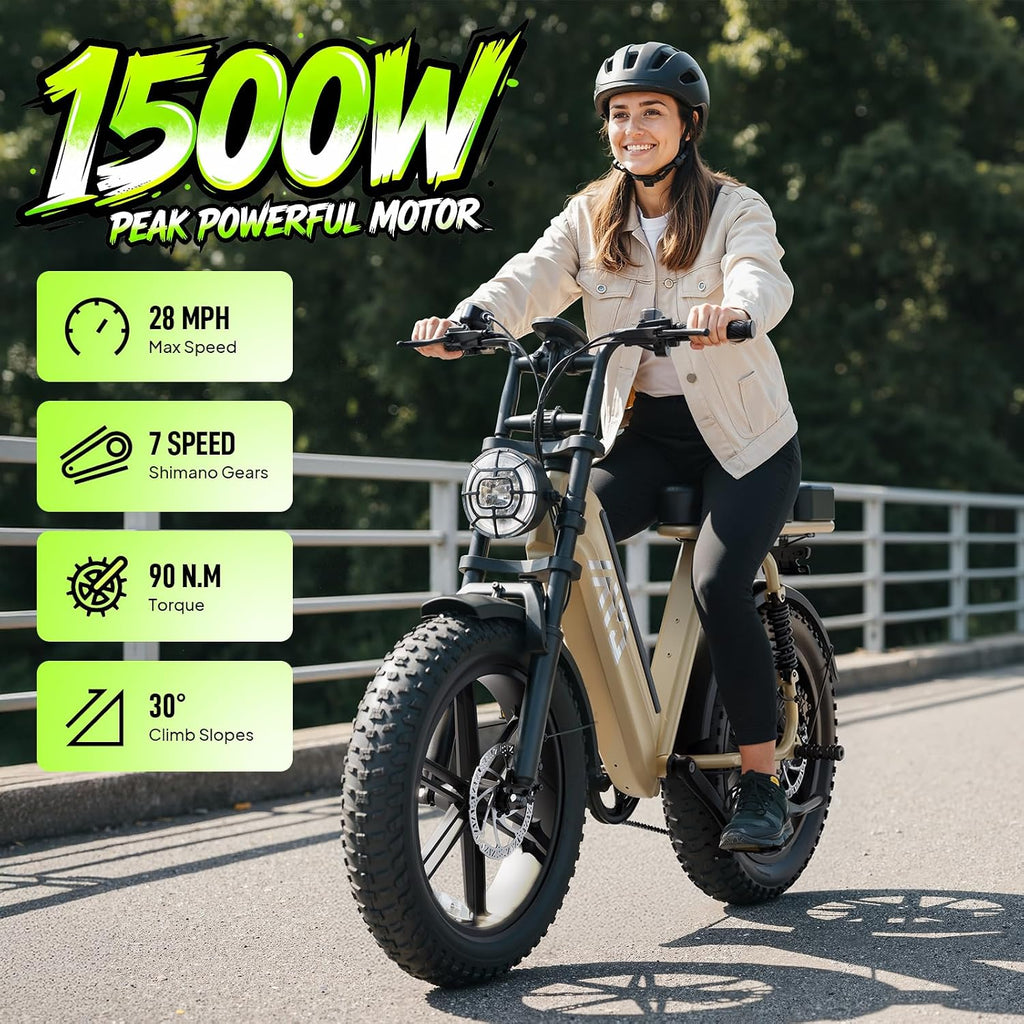 TST Electric Bike for Adults, 1500W Peak Motor 60 Miles Fat Tire Ebike with 48V 15Ah Removable Battery 20' Fat Tire Electric Bike, Full Suspension and 7-Speed