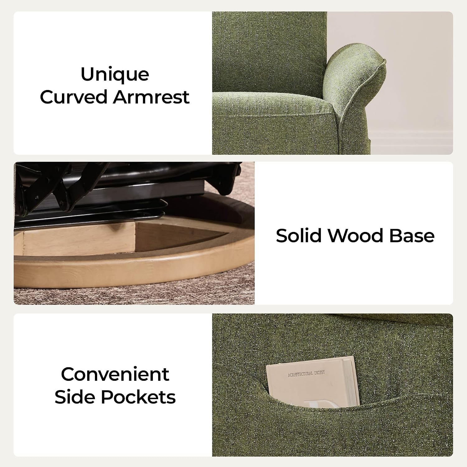 CHITA Power Recliner Chair, Electric Triple-Motor Swivel Glider Nursery Rocking Chair with Adjustable Power Headrest and Lumbar Support, GREENGARD Gold Certified, Solid Wood Base, Forest Green