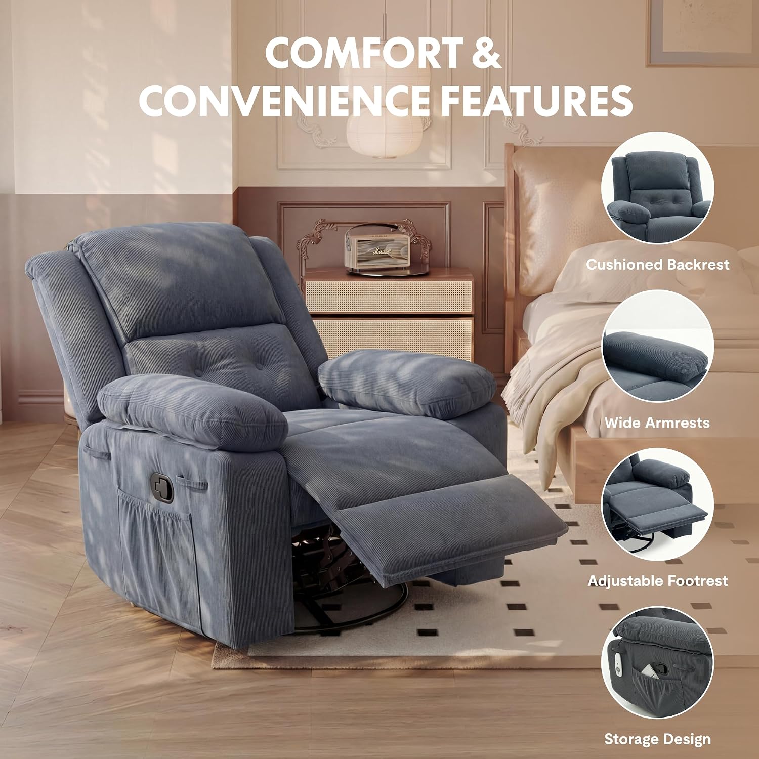 FLEXISPOT XRC2 360° Swivel Rocker Recliner for Adults, Rocking Glider Chair with Massage and Heat, Small Swivel Recliner for Living Room Bedroom Nursery, Blue Grey