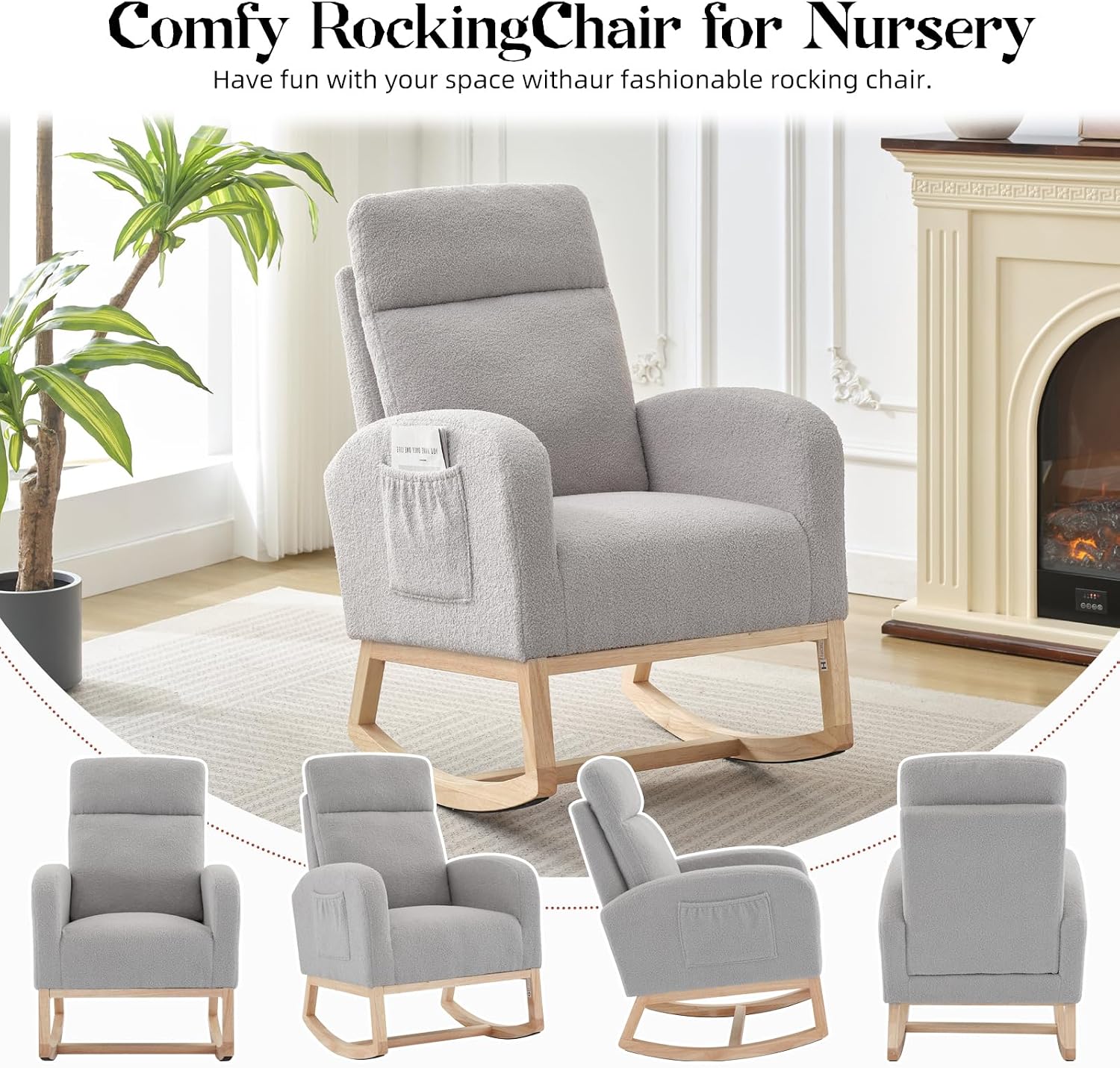 GAOMON Rocking Chair Glider for Nursery, Comfy Rocker Nursery with Side Pocket & High Backrest, Baby Rocking Chair for Breastfeeding, Upholstered Rocker & Living Room, Light Gray