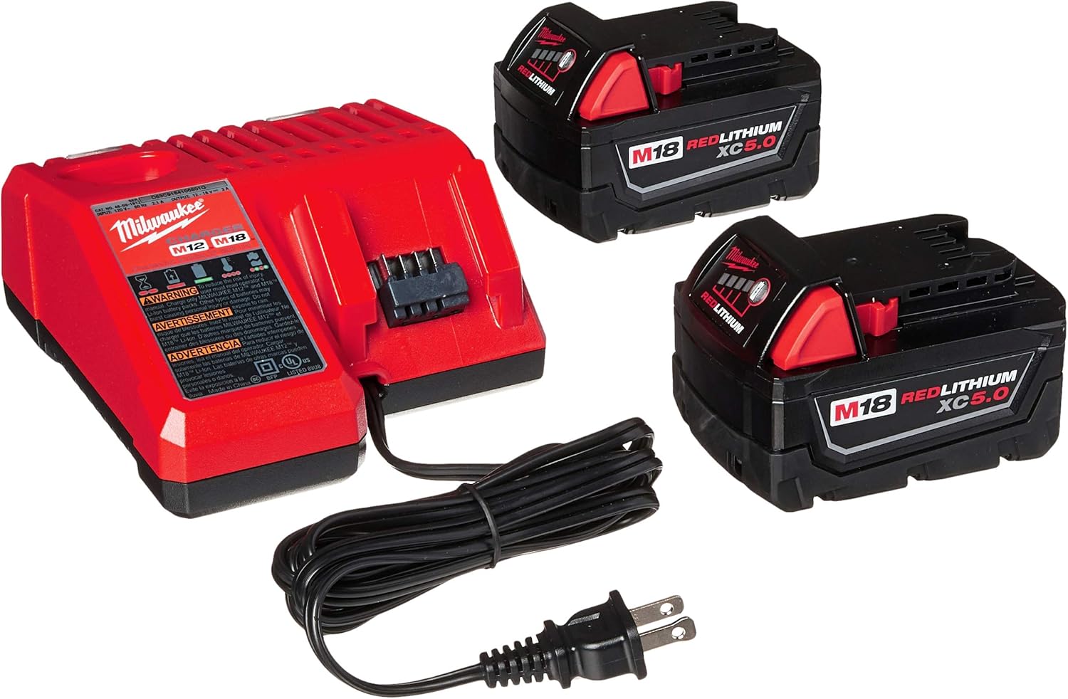 Milwaukee 48-59-1850 M18 RED LITHIUM XC 5.0 Ah Batteries (2) + 48-59-1812 M12 and M18 Multi Voltage Charger kit