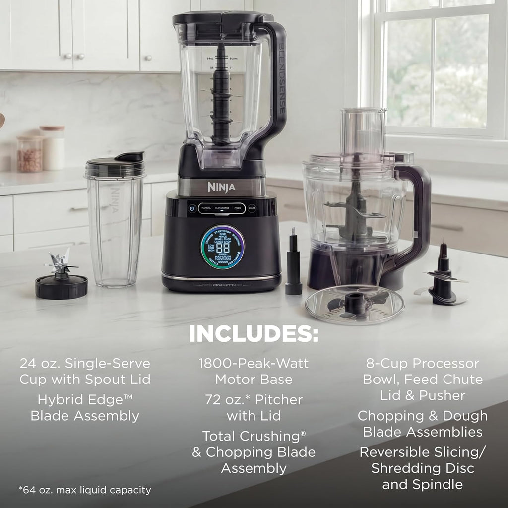 Ninja Kitchen System | Food Processor & Blender with BlendSense Technology | 8-Cup Bowl & 24-oz. To-Go Cup | For Smoothies, Cookie Dough, Salsa & More | 1800-Peak-Watt | Black | TB401