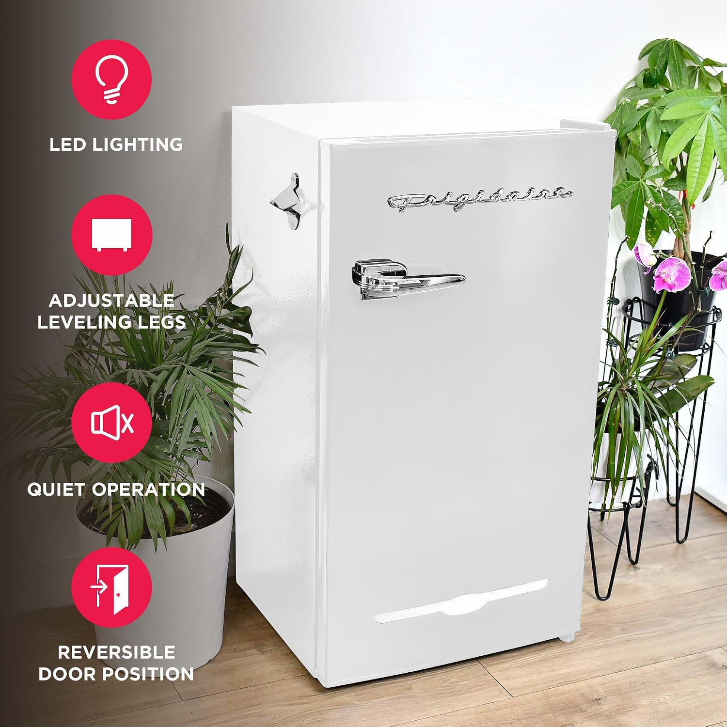 Frigidaire Retro Compact Fridge with Chiller, 3.2 cu ft Countertop Fridge with Built-In Bottle Opener, Compact Refrigerator for Office, Bedroom, Dorm Room or Cabin - 18.7'D x 19.01'W x 33.27'H (White)