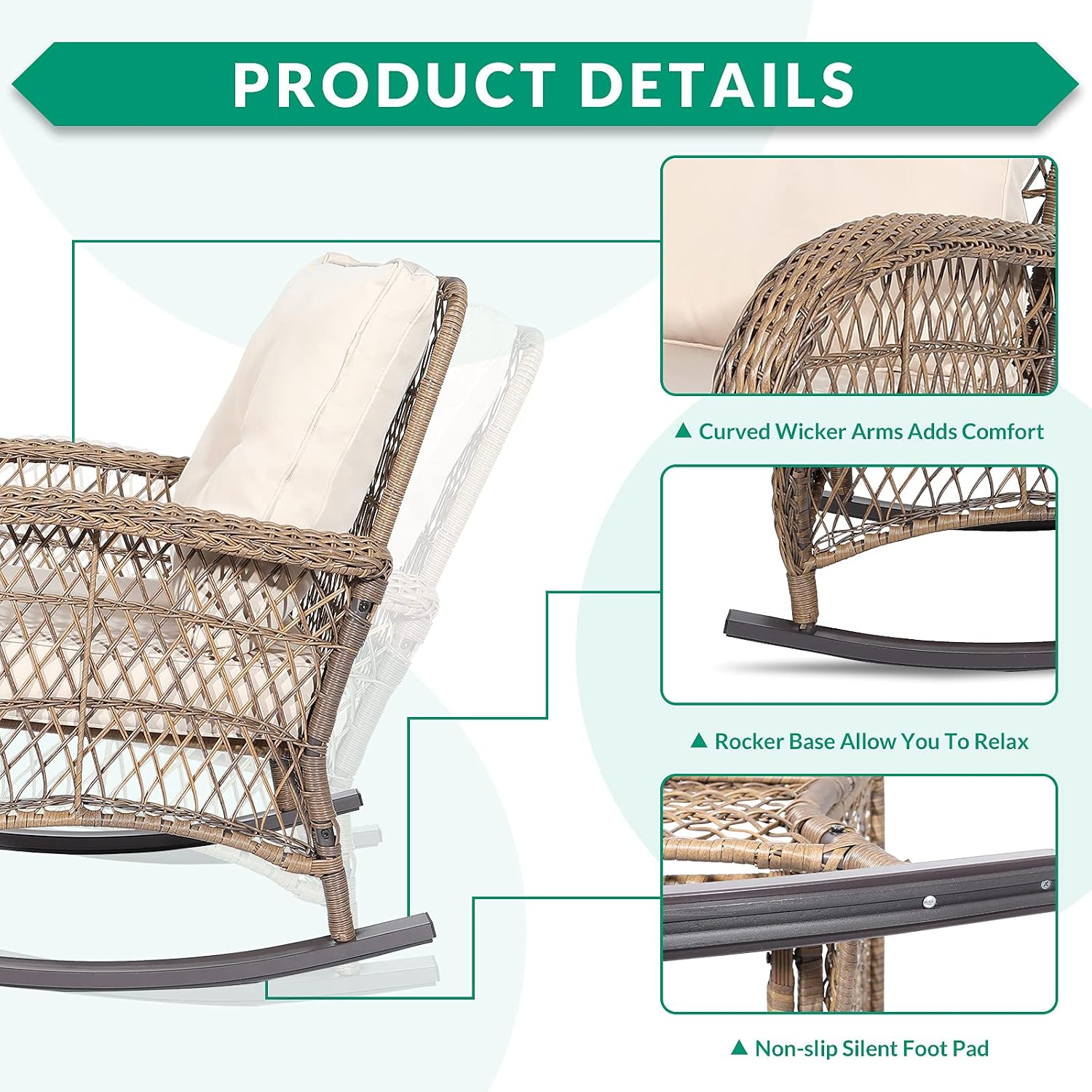VIVIJASON 3-Piece Outdoor Conversation Bistro Set, Patio Wicker Rocking Chairs Rattan Furniture Sets w/ 2 Rattan Chairs, Cushions, Glass Top Side Table for Garden Porch Backyard