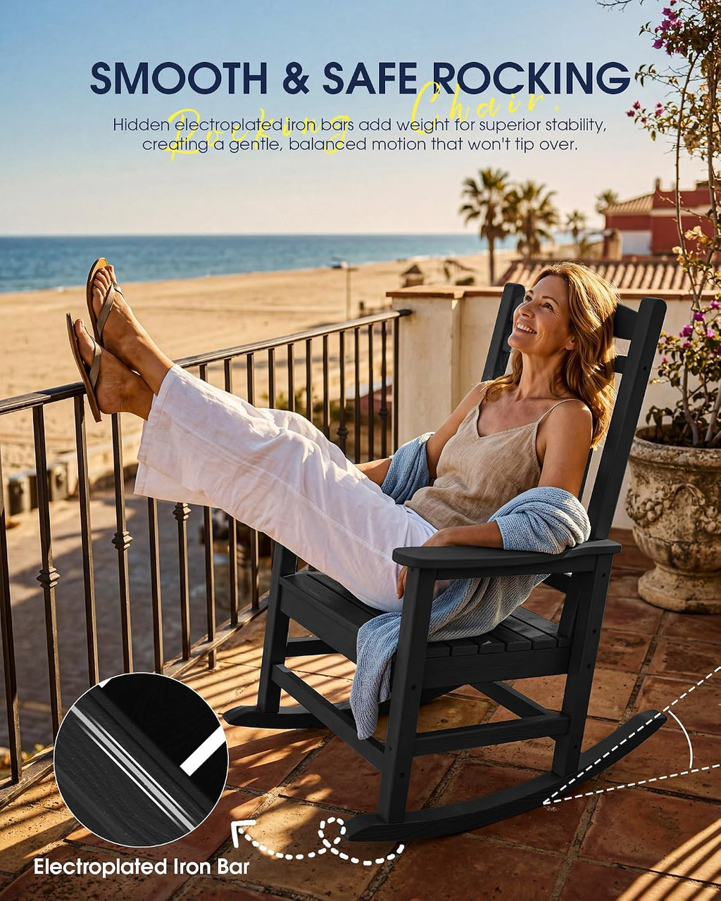 KINGYES Oversized Outdoor Rocking Chair Set of 6, High Density Polyethylene Patio Rocking Chairs with 350lbs Support for Adults, Black