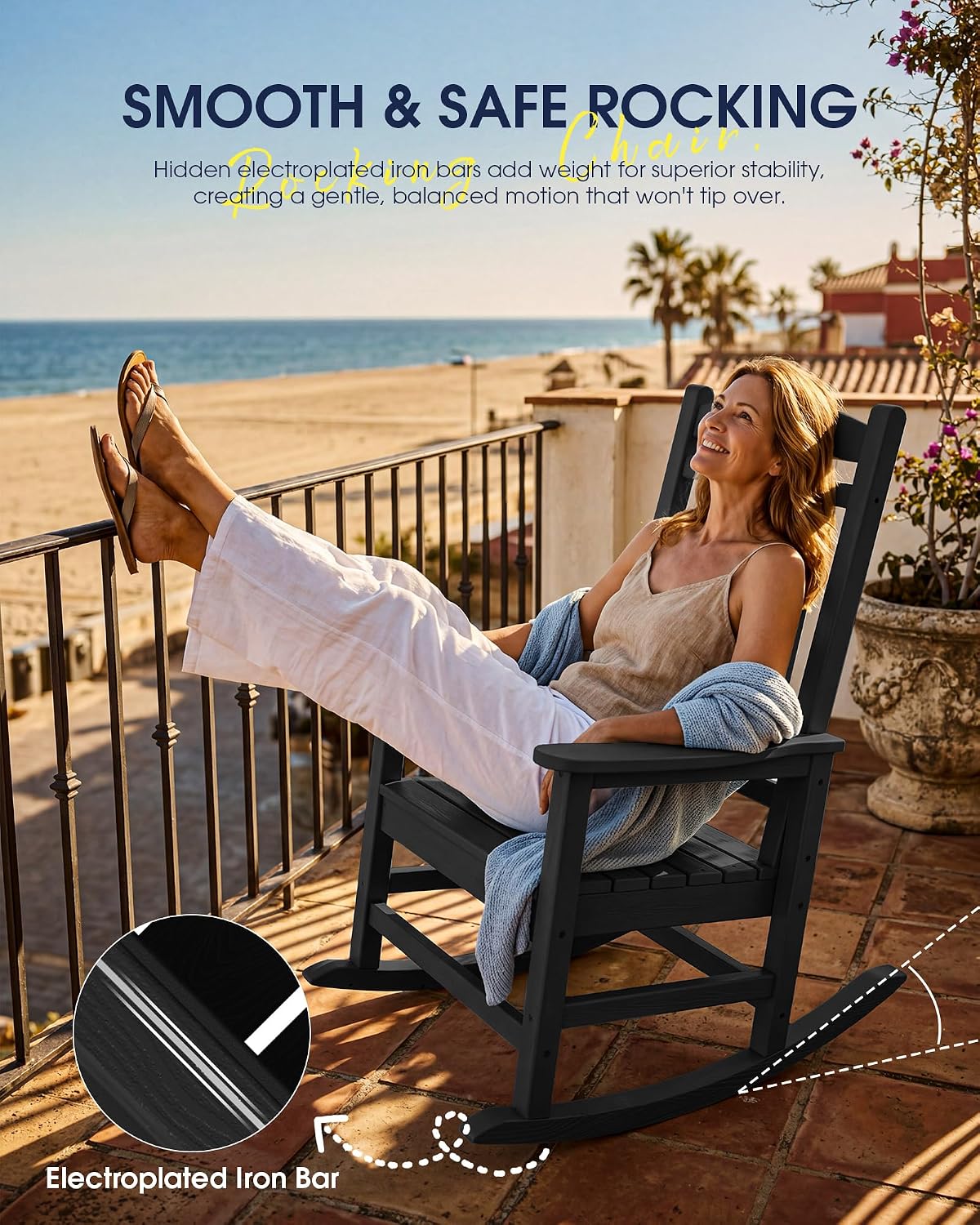 KINGYES Oversized Outdoor Rocking Chair Set of 2, High Density Polyethylene Patio Rocking Chairs with 330lbs Support for Adults, Black