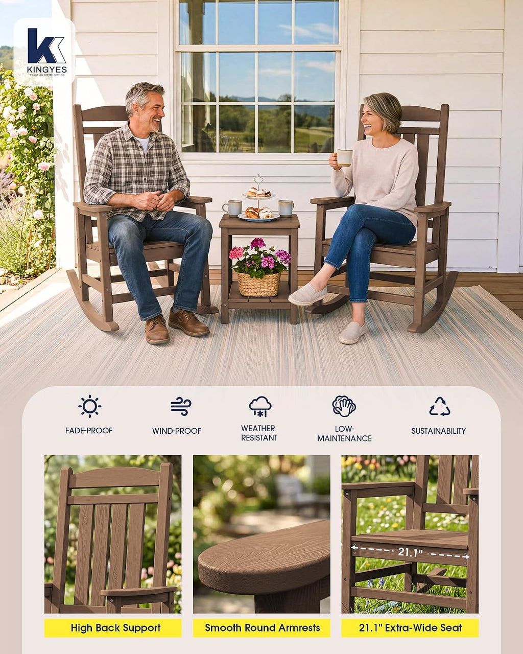KINGYES Oversized Outdoor Rocking Chair Set of 2, High Density Polyethylene Patio Rocking Chairs with 330lbs Support for Adults, Brown