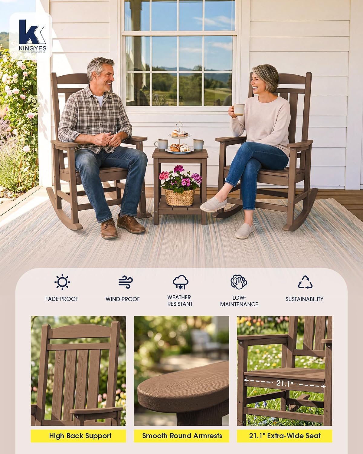 KINGYES Oversized Outdoor Rocking Chair Set of 2, High Density Polyethylene Patio Rocking Chairs with 330lbs Support for Adults, Brown