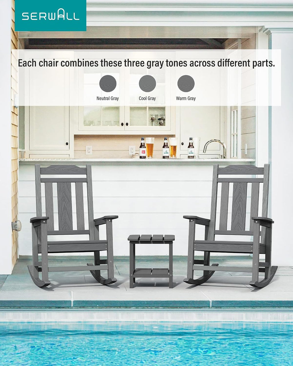 SERWALL Oversized Outdoor Rocking Chair Set of 4, All Weather Patio Rocking Chair, HDPE Poly Rocking Chair for Adults, Heavy Duty Front Porch Rocker,Unique Gray