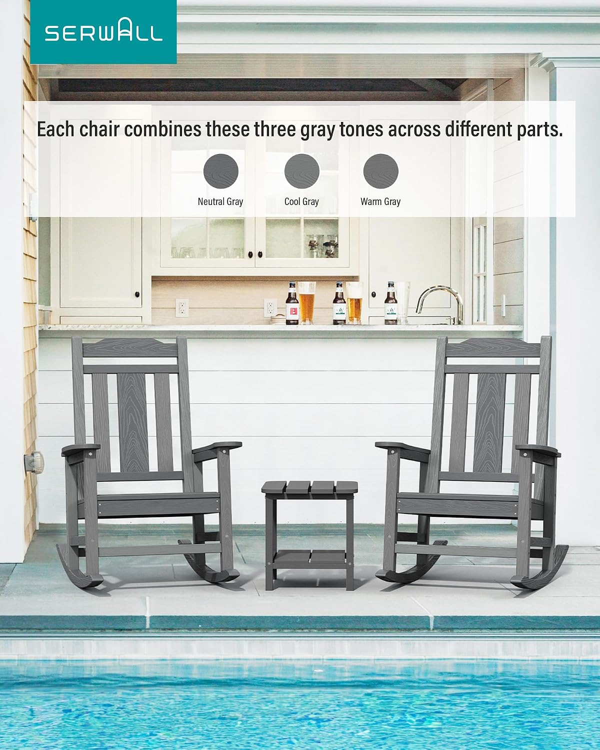 SERWALL Oversized Outdoor Rocking Chair Set of 4, All Weather Patio Rocking Chair, HDPE Poly Rocking Chair for Adults, Heavy Duty Front Porch Rocker,Unique Gray
