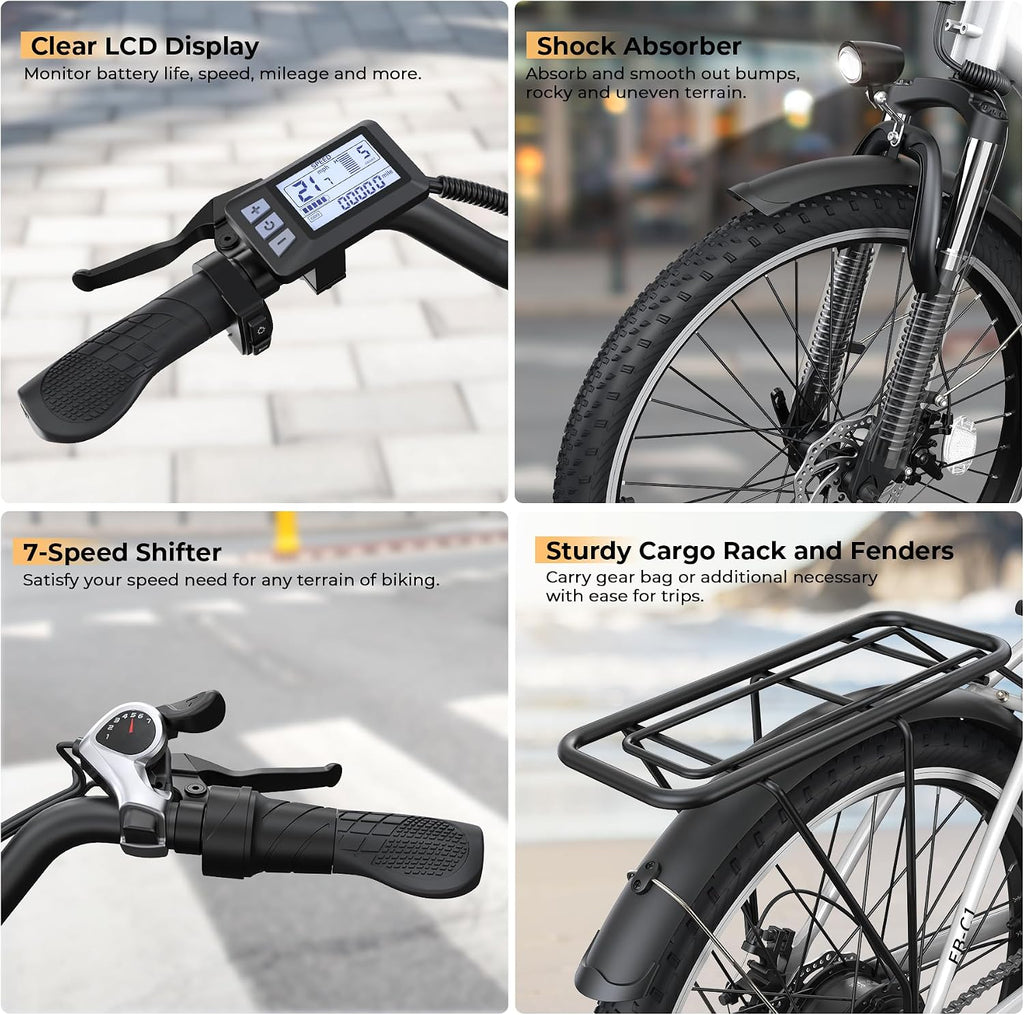 Electric Bike for Adults, Peak 1000W Ebike, 50Miles 20MPH UL 2849 Certified Commuter Bike, 26'' City Cruiser Bicycle with 48V Removable Battery, Rear Rack, Adjustable Stem, 7 Speed