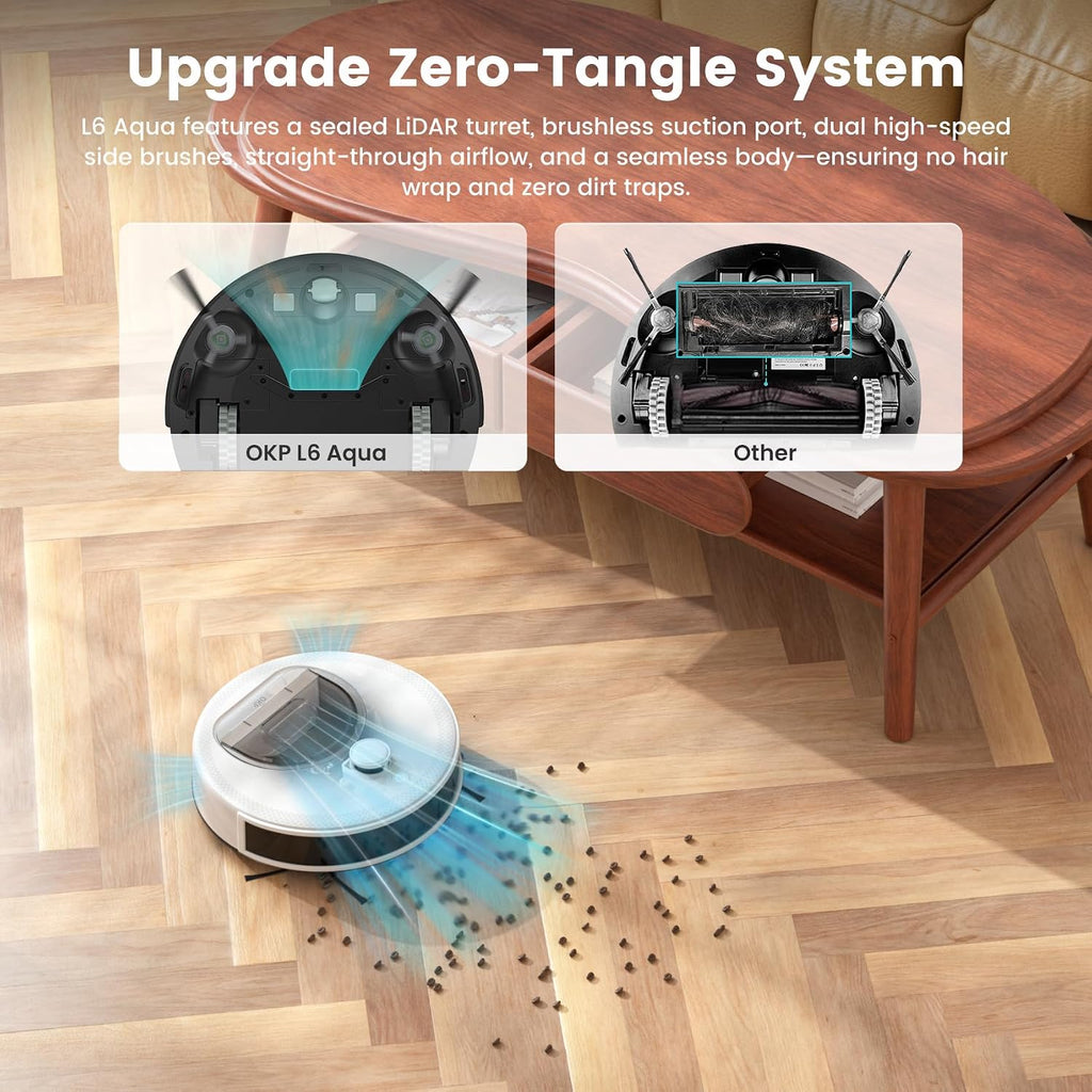 OKP Lidar Robot Vacuum and Mop Combo, 6000Pa Automatic Robotic Vacuum, Smart Mapping, 3.7 inch Thin, 150 Min Max, 5G WiFi/App/Alexa Control, Ideal for Pet Hair, Hardfloors, Carpets, Home(L6 Aqua)