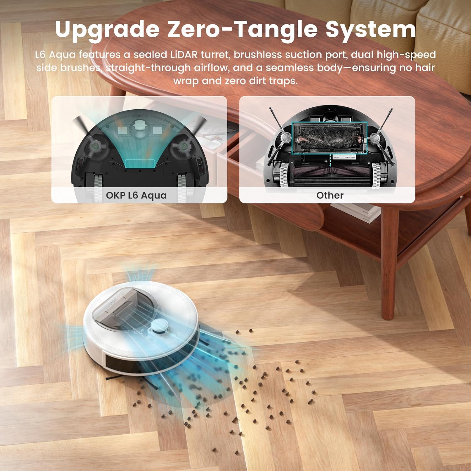 OKP Lidar Robot Vacuum and Mop Combo, 6000Pa Automatic Robotic Vacuum, Smart Mapping, 3.7 inch Thin, 150 Min Max, 5G WiFi/App/Alexa Control, Ideal for Pet Hair, Hardfloors, Carpets, Home(L6 Aqua)