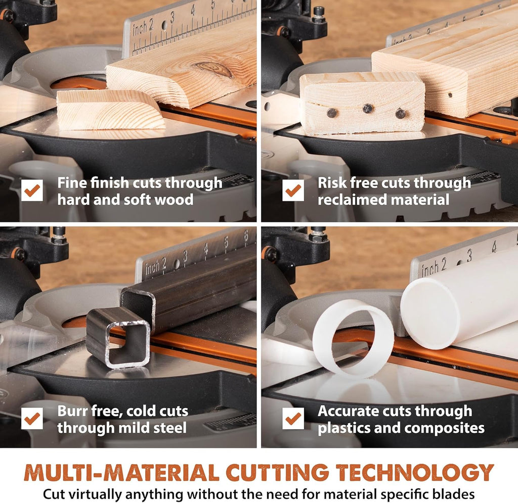 Evolution R8MTS 8-1/4' Convertible Miter/Table Saw - Multi-Function Saw - 0-45° Bevel & +/- 45° Miter - Multi-Material Cutting: Wood, Plastic, Metal - Compact, Powerful 12A Motor - TCT Blade Incl