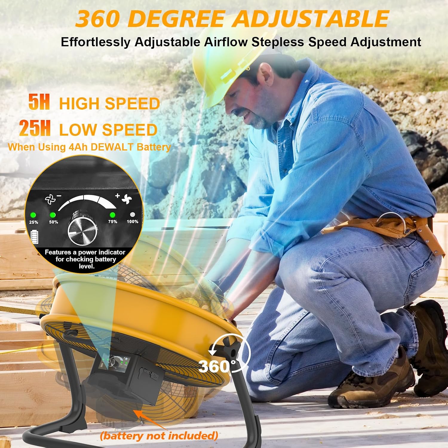 16' Battery Operated Floor Fan Compatible with Dewalt 20V Max Battery, Portable Fan with AC Adapter and USB Output, Metal Industrial High Velocity, Stepless Speed Cordless Fan for Jobsite Camping