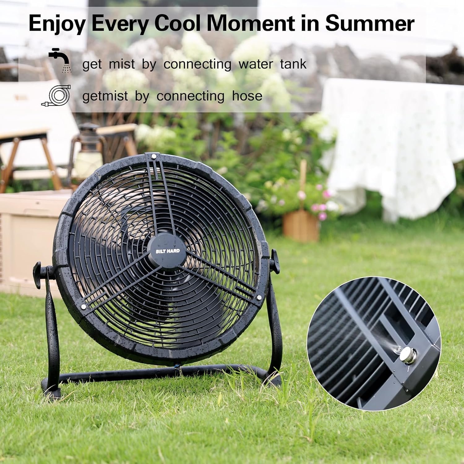 BILT HARD 16 Inch Outdoor Portable Misting Fan, Battery Operated Floor Fan with 15600mAh Detachable Battery, Outside Rechargeable Portable Fan for Patio, Camping, Travel
