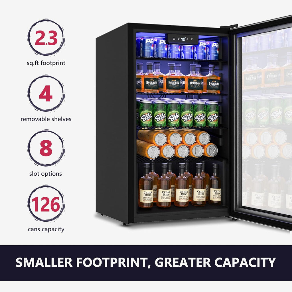Icyglee Beverage Refrigerator Cooler - 126 Can Mini Fridge with Glass Door for Soda Beer or Wine, Beverage Cooler for Home, Office, Bar with Adjustable Removable Shelves, Silver