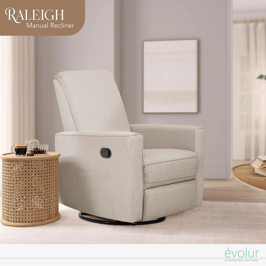 Evolur Raleigh Upholstered Manual Glider Recliner– Rocking & 360° Swivel with Smooth Glide – Greenguard Gold & FSC Certified – Modern Nursery and Living Room Chair in Light Sand