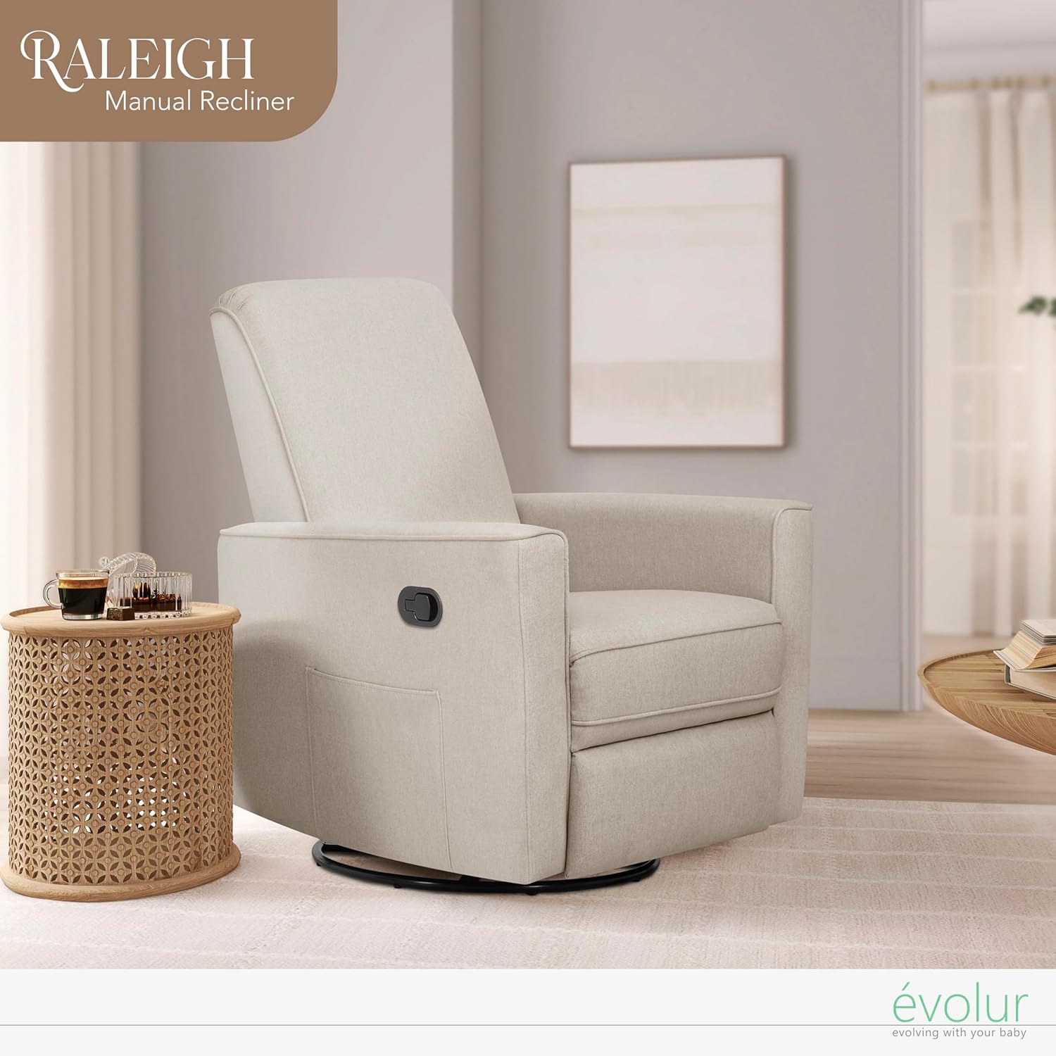 Evolur Raleigh Upholstered Manual Glider Recliner– Rocking & 360° Swivel with Smooth Glide – Greenguard Gold & FSC Certified – Modern Nursery and Living Room Chair in Light Sand