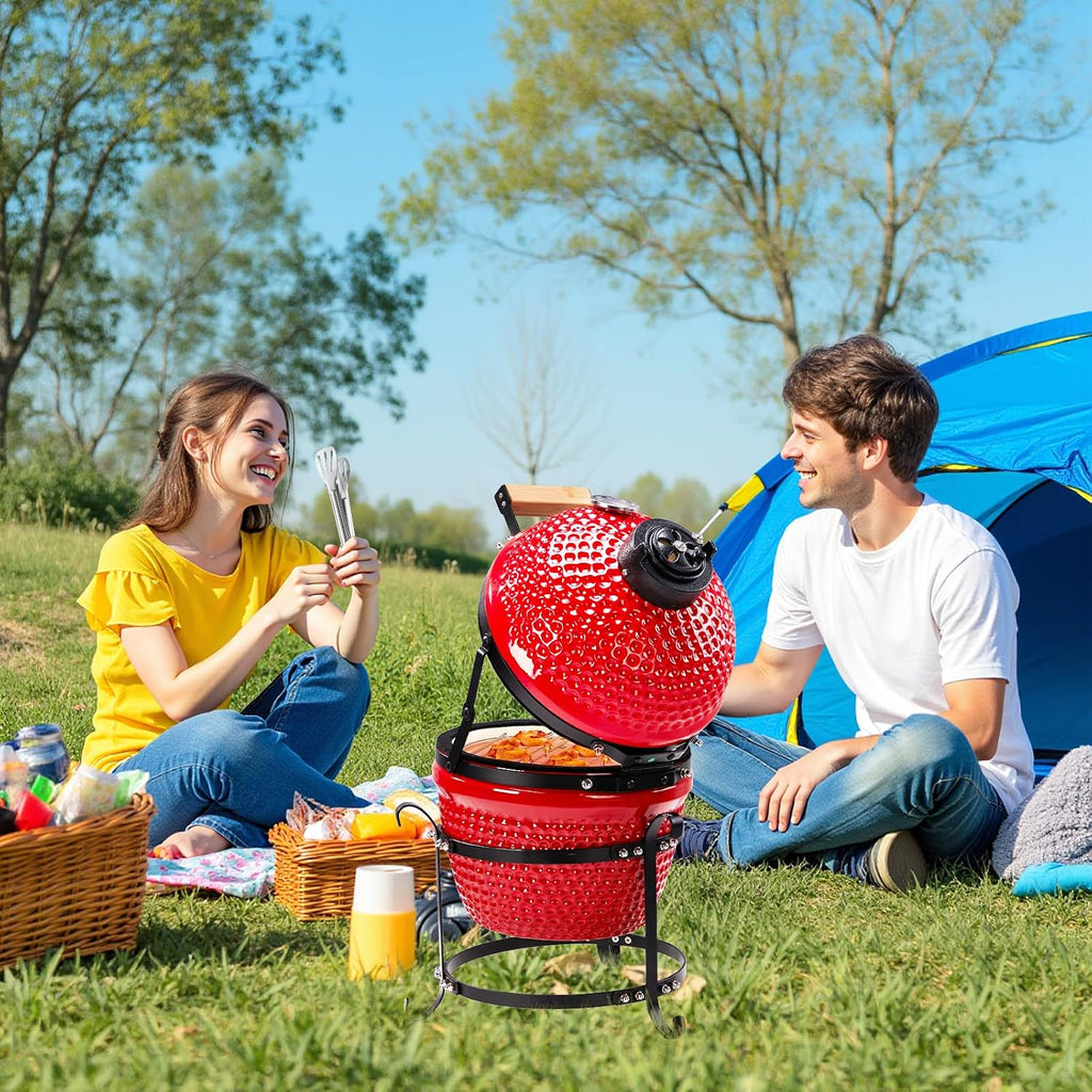 Vasitelan 13 inch Portable Ceramics Charcoal Grill,Kamado BBQ Charcoal Grill (Red)